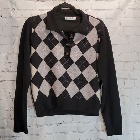 Liumilac black argyle cropped sweater size M - Picture 1 of 8